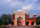 The Tomb of the the third Mughal Emperor Akbar (r. 1556-1605) is an important Mughal architectural masterpiece, built 1605-1613 and set in 48 Ha (119 acres) of grounds in Sikandra, a suburb of Agra, Uttar Pradesh, India.<br/><br/>Emperor Akbar himself commenced its construction around 1600, according to Central Asian tradition to commence the construction of one's tomb during one's lifetime. Akbar himself planned his own tomb and selected a suitable site for it, after his death, Akbar's son Jahangir completed the construction in 1605-1613.<br/><br/>The south gate is the largest, with four white marble chhatri-topped minarets which are similar to (and pre-date) those of the Taj Mahal, and is the normal point of entry to the tomb. The tomb itself is surrounded by a walled enclosure 105 m square. The tomb building is a four-tiered pyramid, surmounted by a marble pavilion containing the false tomb. The true tomb, as in other Mughal mausoleums, is in the basement.<br/><br/>The buildings are constructed mainly from a deep red sandstone, enriched with features in white marble. Decorated inlaid panels of these materials and a black slate adorn the tomb and the main gatehouse. Panel designs are geometric, floral and calligraphic, and prefigure the more complex and subtle designs later incorporated in Itmad-ud-Daulah's Tomb.